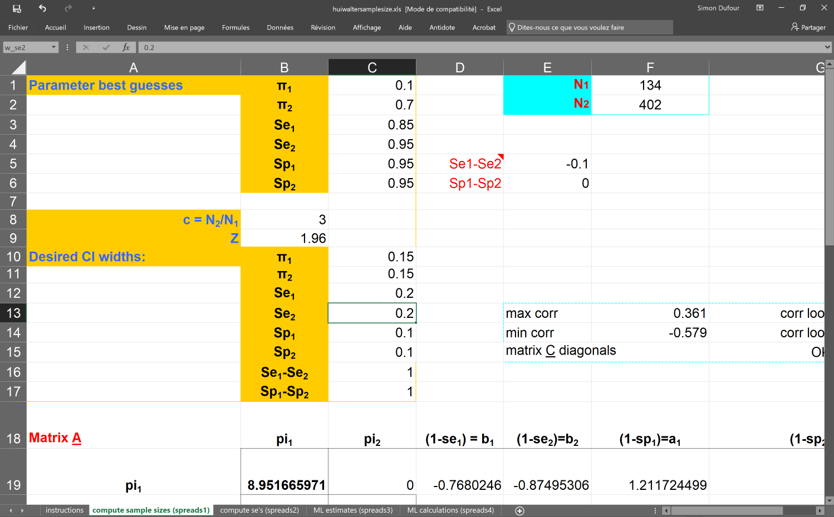 Excel spreadsheet used to estimate sample size for BLCM comparing two independent tests in two populations