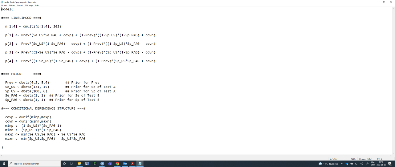 Text file with the model for 2 possibly conditionally dependent diagnostic tests in 1 single population.