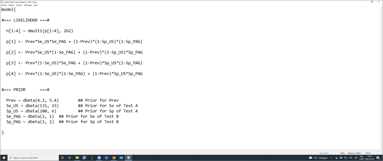 Text file with the model for 2 independent diagnostic tests in 1 single population.