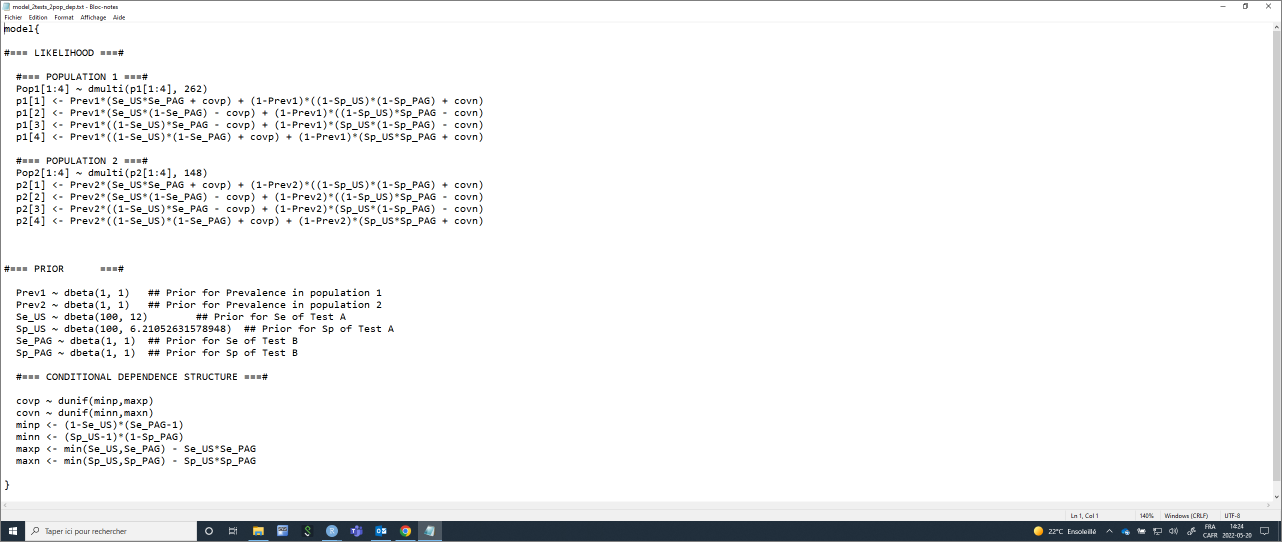 Text file with the model for 2 DEPENDENT diagnostic tests applied to two populations.