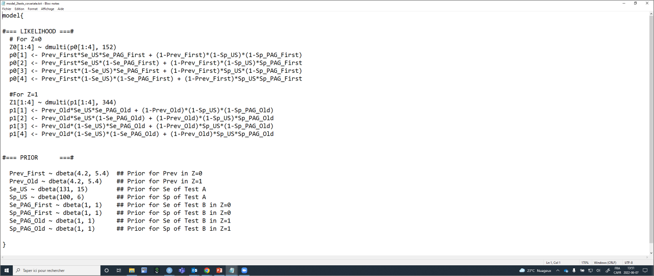 Text file with the LCM for 2 independent diagnostic tests applied to one population but with one of the test accuracy varying as function of a covariate.