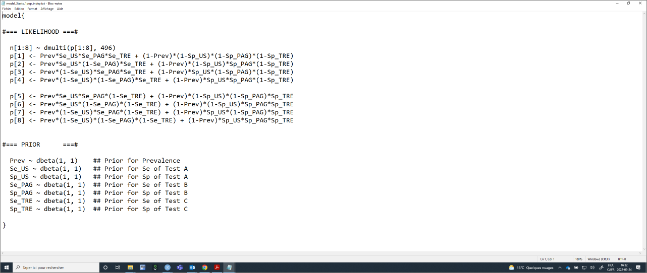 Text file with the LCM for 3 independent diagnostic tests applied to one population.